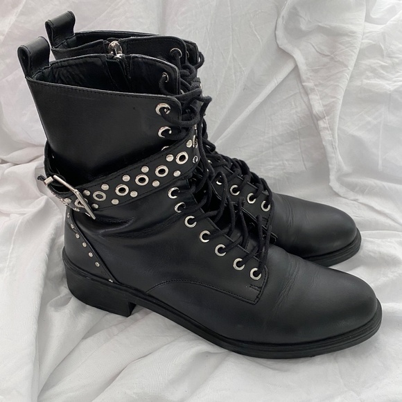 ZARA Trafaluc Black Leather Studded Combat Ankle Boots - Picture 2 of 8